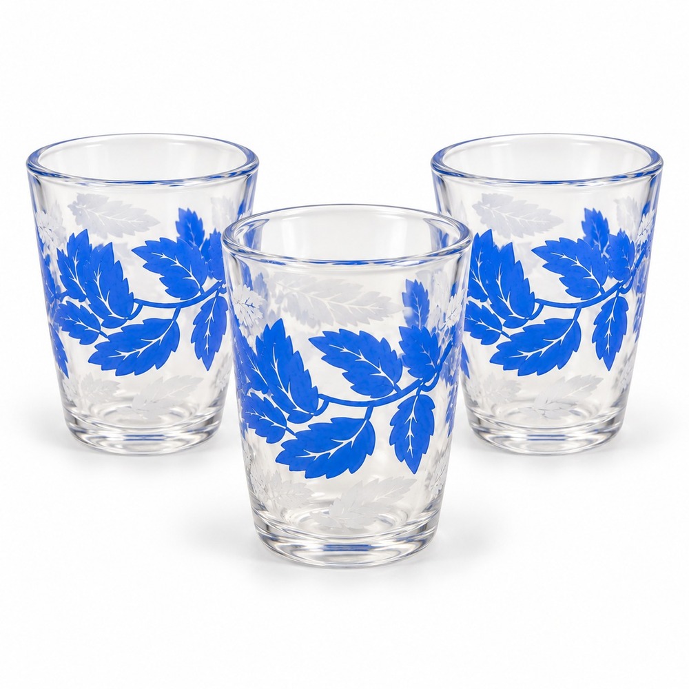 Unbranded Shot Glass Set Unisex OS Blue Excellent Vintage Leaf Pattern MCM 3pc